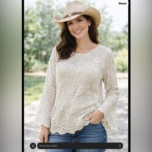 Solitaire Elegant Cream Crochet Top bell sleeves knit bohemian blouse small